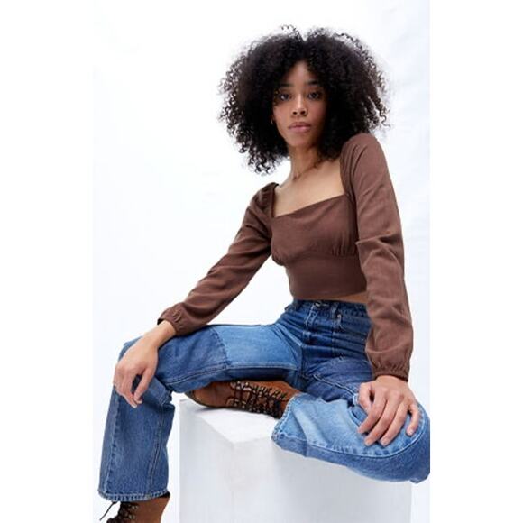 B1G2 FREE 🍁 LA Hearts Brown Puff Sleeve Crop Top Small Smock Peasant - Picture 1 of 8